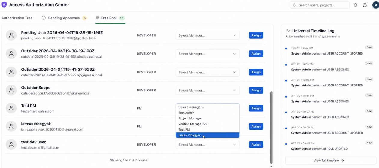 Admin free-pool management with role-based access control (Admin / PM / Developer).