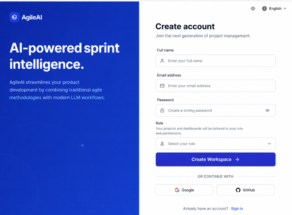 Authentication and role-scoped entry into the workspace.