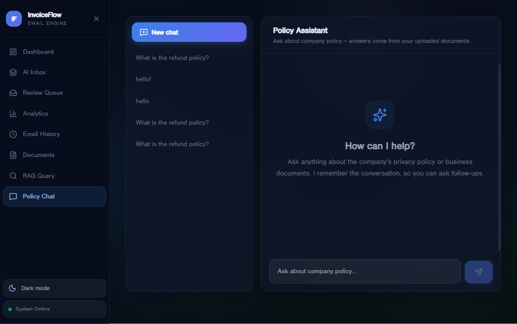 Policy chat — interactive Q&A grounded in uploaded business documents.
