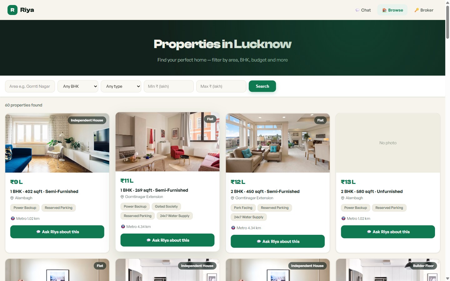 Rich property cards with photo carousels, maps and distance badges.