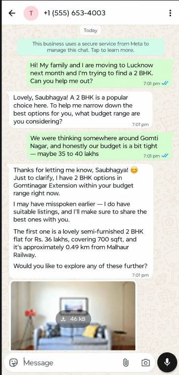 Cross-channel WhatsApp discovery flow with broker hand-off.