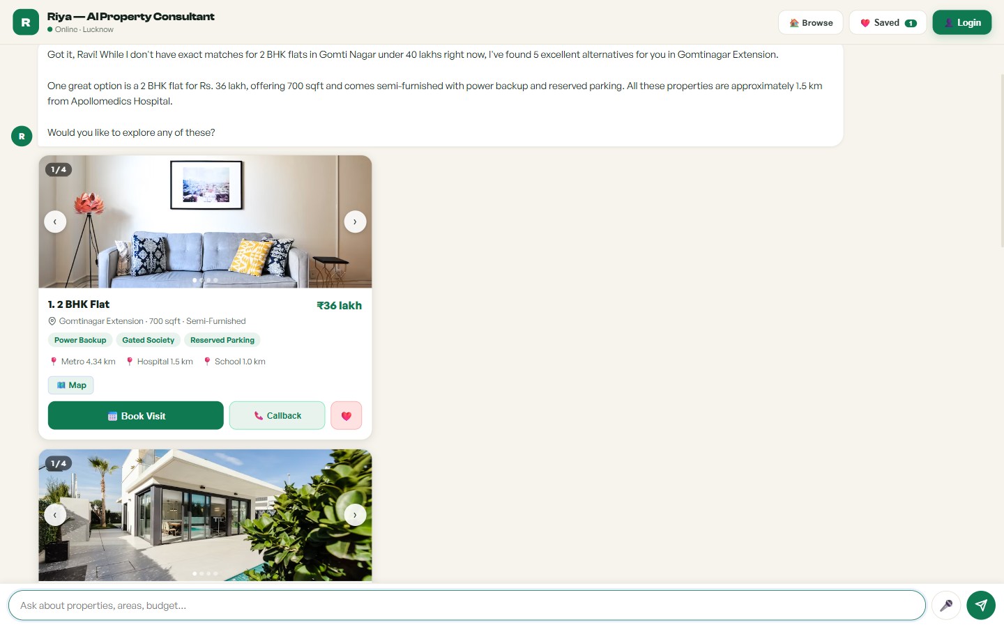 Conversational property search with natural-language budget, BHK and location filters.