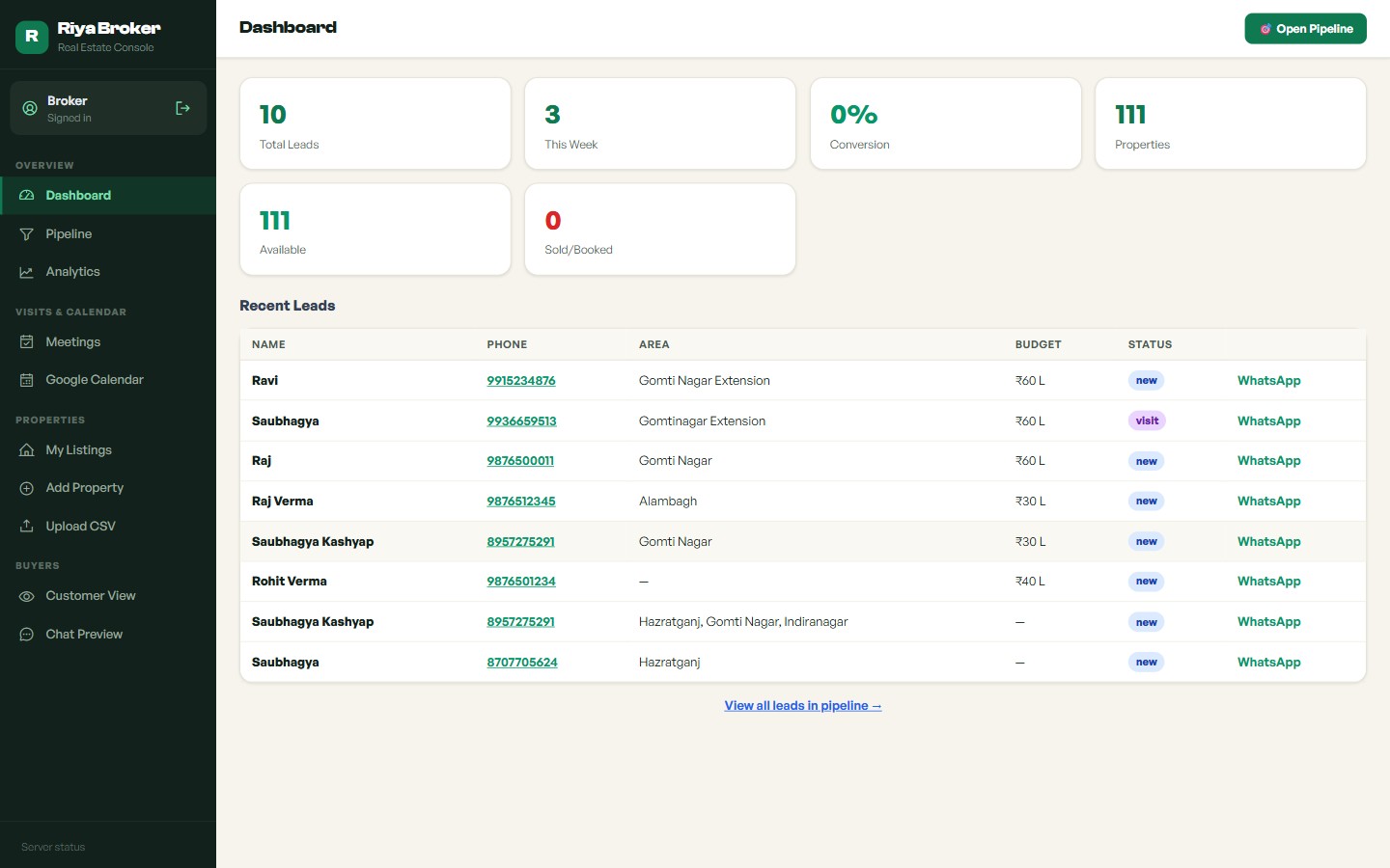 Broker dashboard — a CRM that also runs entirely from WhatsApp commands.