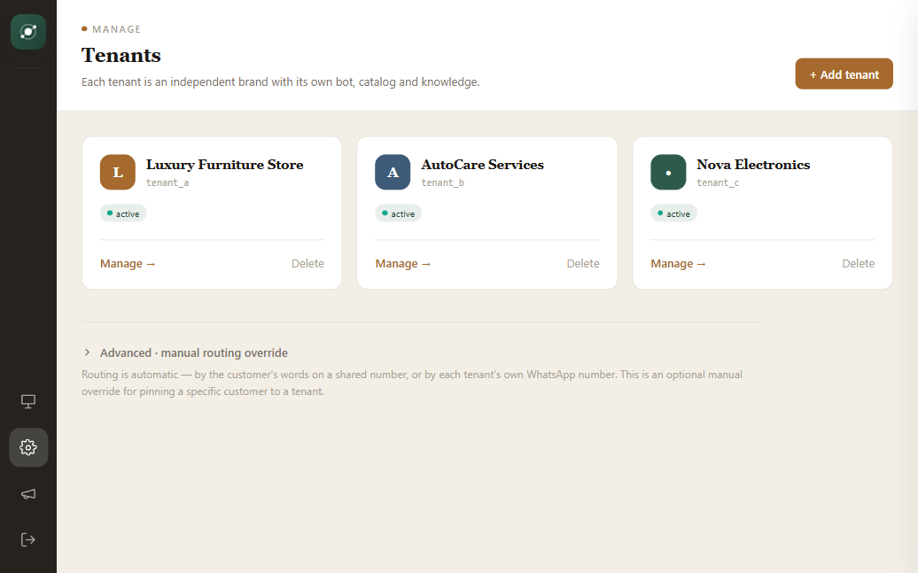 Tenant control panel — many isolated bots from a single deployment.
